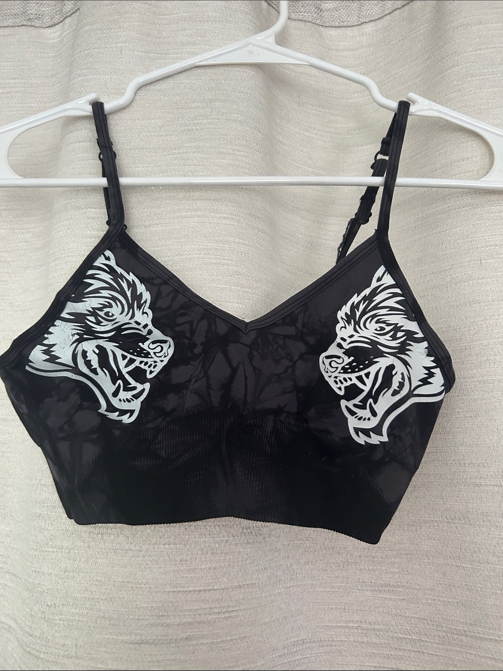 SHEFIT Black Sports Bra with White Wolf Graphic